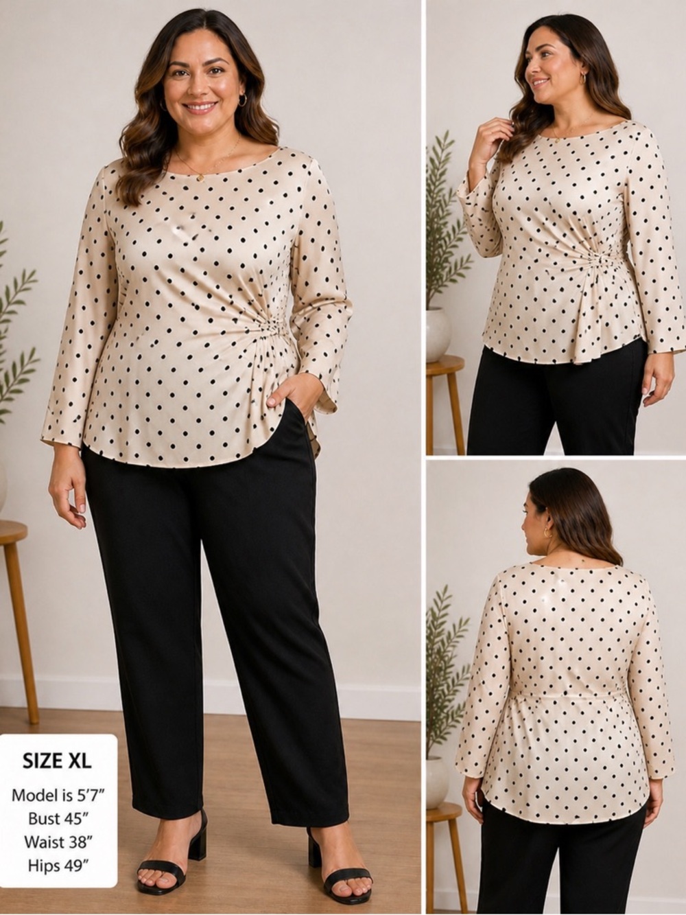 H&M Cream Polka Dot Side-Ruched Long Sleeve Blouse